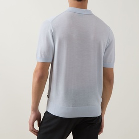 Model wearing Boss Black Casual H Lantoni Logo Polo Sweater in Open Blue, fine-knit wool, short sleeves, ribbed trims, back view