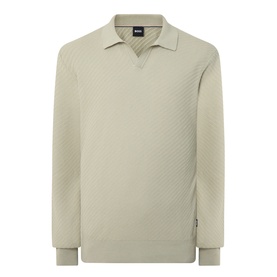Boss Black Casual H Lomarino Logo Polo Sweater in dark beige, textured-knit construction with polo collar, V-neckline, long sleeves and ribbed trims