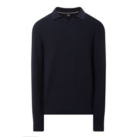 Boss Black Casual H Lomarino Logo Polo Sweater in dark blue, textured-knit cotton with polo collar, V-neckline, long sleeves and ribbed trims