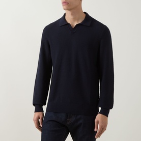 Model wearing Boss Black Casual H Lomarino Polo Sweater in dark blue, open polo collar, long sleeves, ribbed trims, styled with dark jeans
