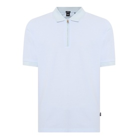 Boss Black Casual H Pei Logo Zip Polo Shirt in Open Blue with half-zip placket, polo collar, short sleeves and textured cotton finish