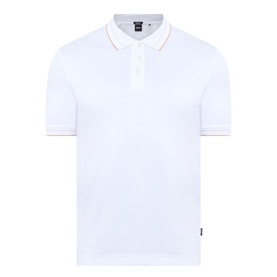 Boss Black Casual H-Phillipson Logo Polo Shirt in white with tipped collar and cuffs, short sleeves, and button fastening