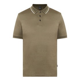 Boss Black Casual Open Green cotton polo shirt with white tipped collar and cuffs, three-button placket, short sleeves