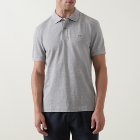 Model wearing Boss Black Casual grey marl cotton polo shirt with ribbed collar and three-button placket, small logo embroidery to chest