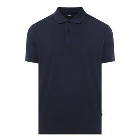 Boss Black Casual Parlay Logo Polo Shirt in dark blue, polo collar, two-button placket, short sleeves, straight hem with side splits