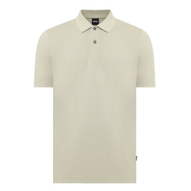 Boss Black Casual dark beige polo shirt with two-button placket, ribbed collar, and short sleeves in cotton-polyester blend.