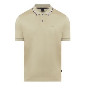 Boss Black Casual dark beige cotton polo shirt with contrast tipped collar and cuffs, small logo embroidery at chest