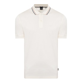 Boss Black Casual Penrose Tipped Logo Polo Shirt in Open White, polo collar, stripe-tipped cuffs and collar, two-button placket, short sleeves