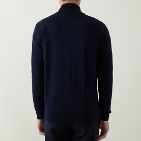 Model wearing Boss Black Casual Balonso Logo Zip Sweater in dark blue, rear view showing mock neck, long sleeves and fine-knit construction