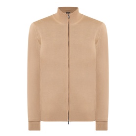 Boss Black Casual Balonso Logo Zip Sweater in medium beige, mock neck, two-way zip, ribbed trims, fine-knit virgin wool construction
