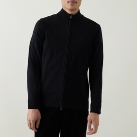 Model wearing Boss Black Casual Balonso Logo Zip Sweater in black, fine-knit zip-through with mock neck and ribbed trims