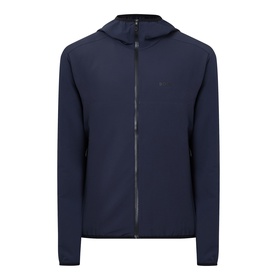 Boss Green Label dark blue casual jacket with hood, full-length zip fastening, and tonal zip side pockets in stretch polyester fabric.