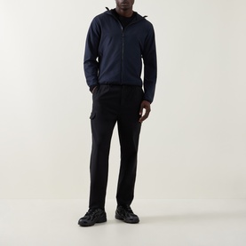 Model wearing Boss Green Label Dark Blue Casual Jacket with zip, styled with black cargo trousers and dark trainers.