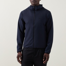 Model wearing Boss Green Label Dark Blue casual jacket with hood, full-zip fastening and side zip pockets, styled with black trousers