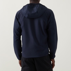 Model wearing Boss Green Label Dark Blue Casual Jacket, back view, hooded with clean seam detailing, styled with black trousers
