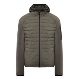 Boss Green Label Urbanex Hybrid Quilted Jacket in Open Green, hooded with quilted bodice, zip fastening and contrast sleeve panels