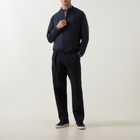 Model wearing Boss Green Label Dark Blue Casual Jacket, styled with navy tailored trousers and slip-on espadrilles