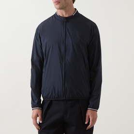 Model wearing Boss Green Label dark blue casual jacket with zip front, ribbed collar and contrast tipped cuffs and hem