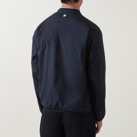 Model wearing Boss Green Label dark blue casual jacket, back view, with ribbed hem and collar detail, zip fastening