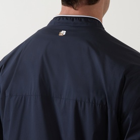 Model wearing Boss Green Label Dark Blue Casual Jacket, rear view showing small logo badge at upper back and contrast collar detail