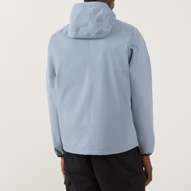 Model wearing Boss Green Label Visit JT Logo Jacket in dark grey, hooded, smooth finish, styled with black trousers. Rear view.