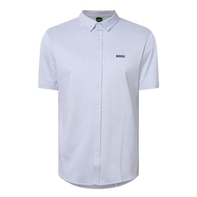 Boss Green Label dark grey cotton casual shirt, short sleeves, button-down collar, contrast logo print at chest