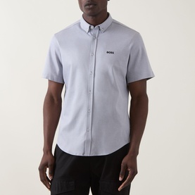 Model wearing Boss Green Label Dark Grey short-sleeve casual shirt in cotton, with button-down collar and logo chest embroidery