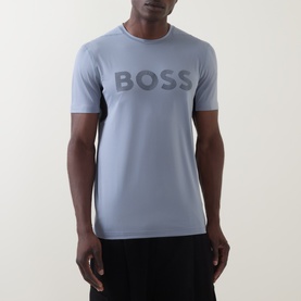 Model wearing Boss Green Label Dark Grey crew neck T-shirt with large tonal BOSS logo print on chest, short sleeves