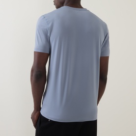 Model wearing Boss Green Label Dark Grey Crew Neck T-shirt, rear view showing relaxed fit and short sleeves