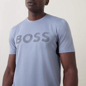 Model wearing Boss Green Label Dark Grey crew neck T-shirt with tonal large BOSS logo print to chest