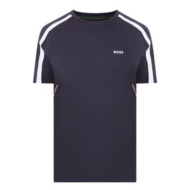 Boss Green Label dark blue crew neck T-shirt with white contrast raglan stripe detail and small logo print on chest