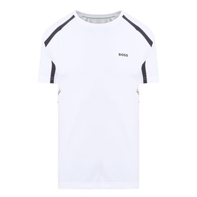 Boss Green Label Contrast Insert Active Logo T-Shirt in white with dark contrast raglan stripe inserts, crew neckline, short sleeves