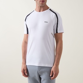 Model wearing Boss Green Label Contrast Insert Active Logo T-Shirt in white with navy stripe inserts, styled with grey shorts.