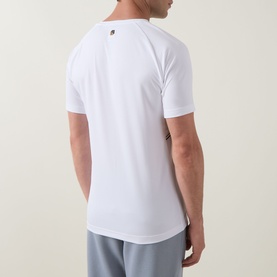 Model wearing Boss Green Label Contrast Insert Active Logo T-Shirt in white, back view showing monogram detail, paired with grey shorts.