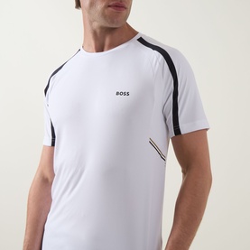 Model wearing Boss Green Label Contrast Insert Active Logo T-Shirt in white with navy raglan stripe inserts and chest logo detail.
