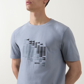 Model wearing Boss Green Label Dark Grey Crew Neck T-Shirt with geometric triangle graphic print on chest
