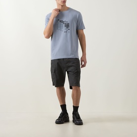 Model wearing Boss Green Label Dark Grey Crew Neck T-shirt with graphic print, styled with dark cargo shorts and black trainers.