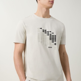 Model wearing Boss Green Label Light Beige crew neck T-shirt with graphic arrow and stripe print on chest