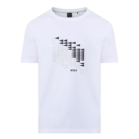 Boss Green Label white crew neck T-shirt with diagonal graphic triangle and stripe print with BOSS logo to chest
