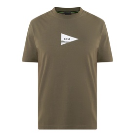 Boss Green Label Open Green crew neck T-shirt with white flag logo graphic print on chest, short sleeves, cotton-elastane blend