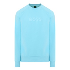 Boss Green Label Open Blue cotton crew neck sweatshirt with tonal logo print on chest, raglan sleeves
