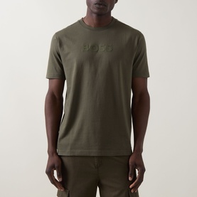 Model wearing Boss Green Label Open Green cotton crew neck T-shirt with tonal embossed logo to chest