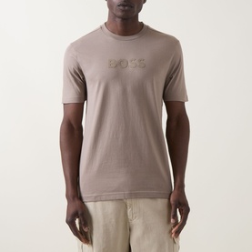 Model wearing Boss Green Label Light/Pastel Green cotton crew neck T-shirt with tonal logo print, styled with casual trousers.