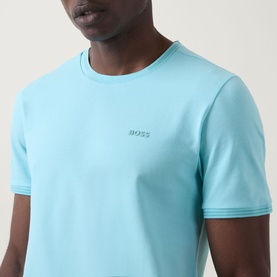 Model wearing Boss Green Label Taul Logo T-Shirt in Open Blue, crew neck with tonal logo detail, short sleeves, stretch fit