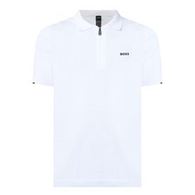 Boss Green Label Ever-X Logo Zip Polo Shirt in white, short sleeves, zip collar, contrast BOSS logo and cuff detail, 100% cotton