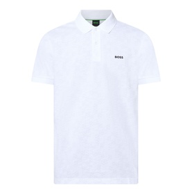 Boss Green Label Swing Printed Logo Polo Shirt in white, short sleeves, two-button placket, flat-knit collar, BOSS chest logo