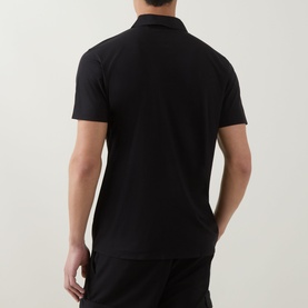 Model wearing Boss Green Label black polo shirt, back view, short sleeves, slim fit, modal elastane blend