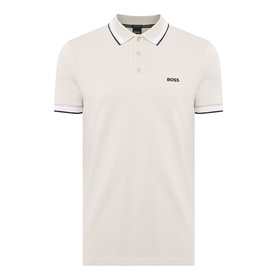 Boss Green Label light beige cotton polo shirt with navy tipping on collar and cuffs, small embroidered logo on chest