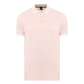 Boss Green Label Paddy Logo Tipped Polo Shirt in light pastel orange, polo collar with white tipping, short sleeves, logo detail, button fastenings