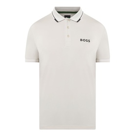 Boss Green Label Paul Pro Logo Polo Shirt in light beige with contrast striped collar, short sleeves, and embroidered logo at chest